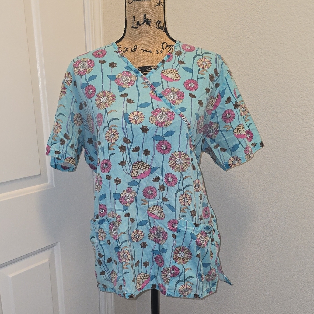SB Scrubs Turquoise Blue Floral Women's Top